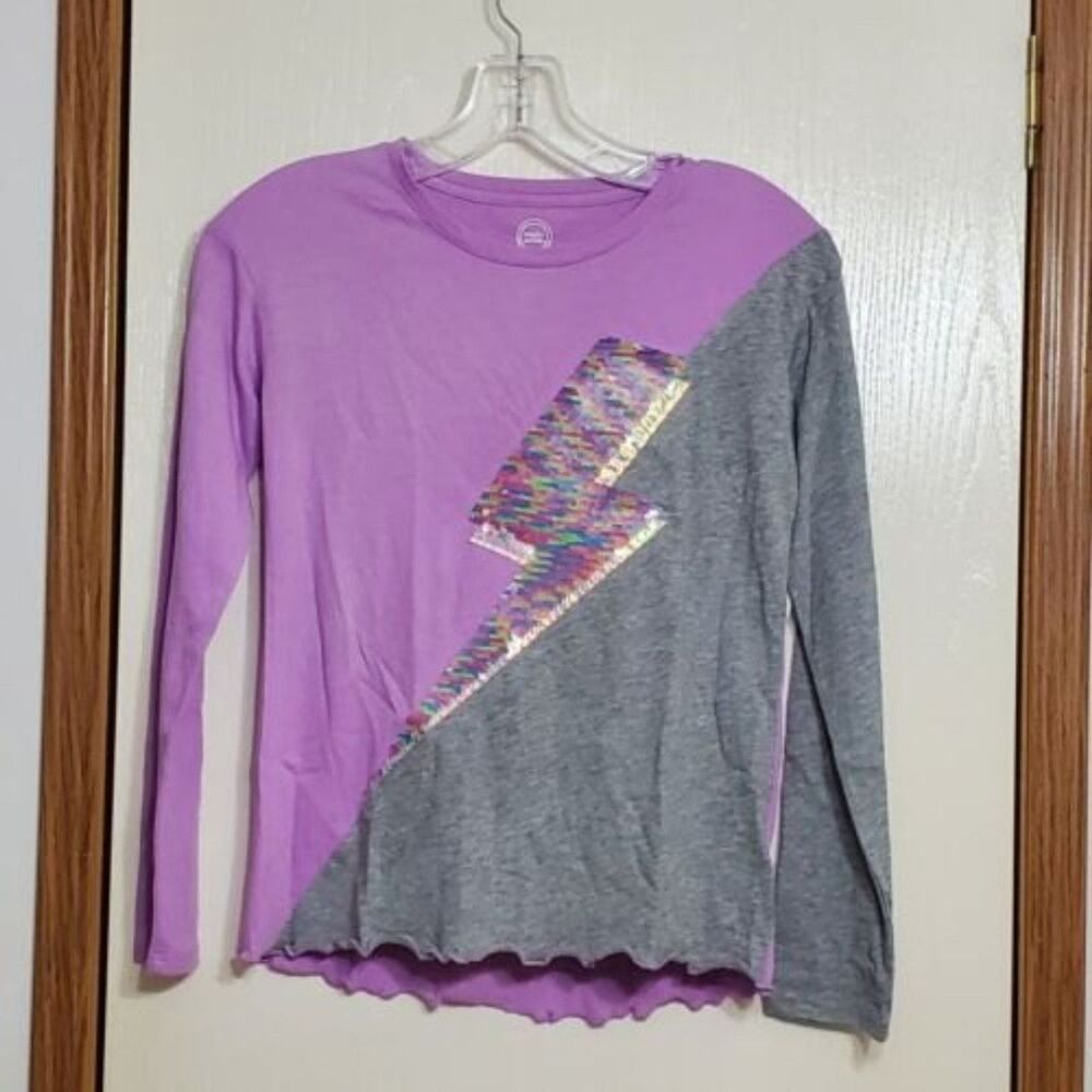 NWT Wonder Nation Girls Sz 10/12 Purple Sequin Lightning Bolt Ruffled Hem Shirt